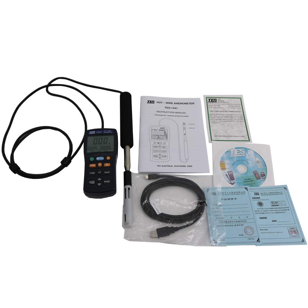 Graigar TES-1341N Hot-Wire Anemometer Hot Wire Thermo Anemometer Air Flow Air Velocity Tester with USB Interface