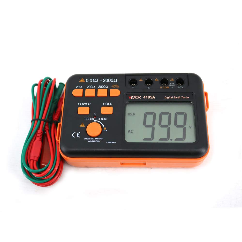 Graigar Victor 4105A Digital LCD Ground Earth Resistance Tester Meter Current 200V Tester VC4105A Digital Earth Ground Resistance Tester Meter Resistivity Tester Earth Electrical Meter 20Ω-2000Ω