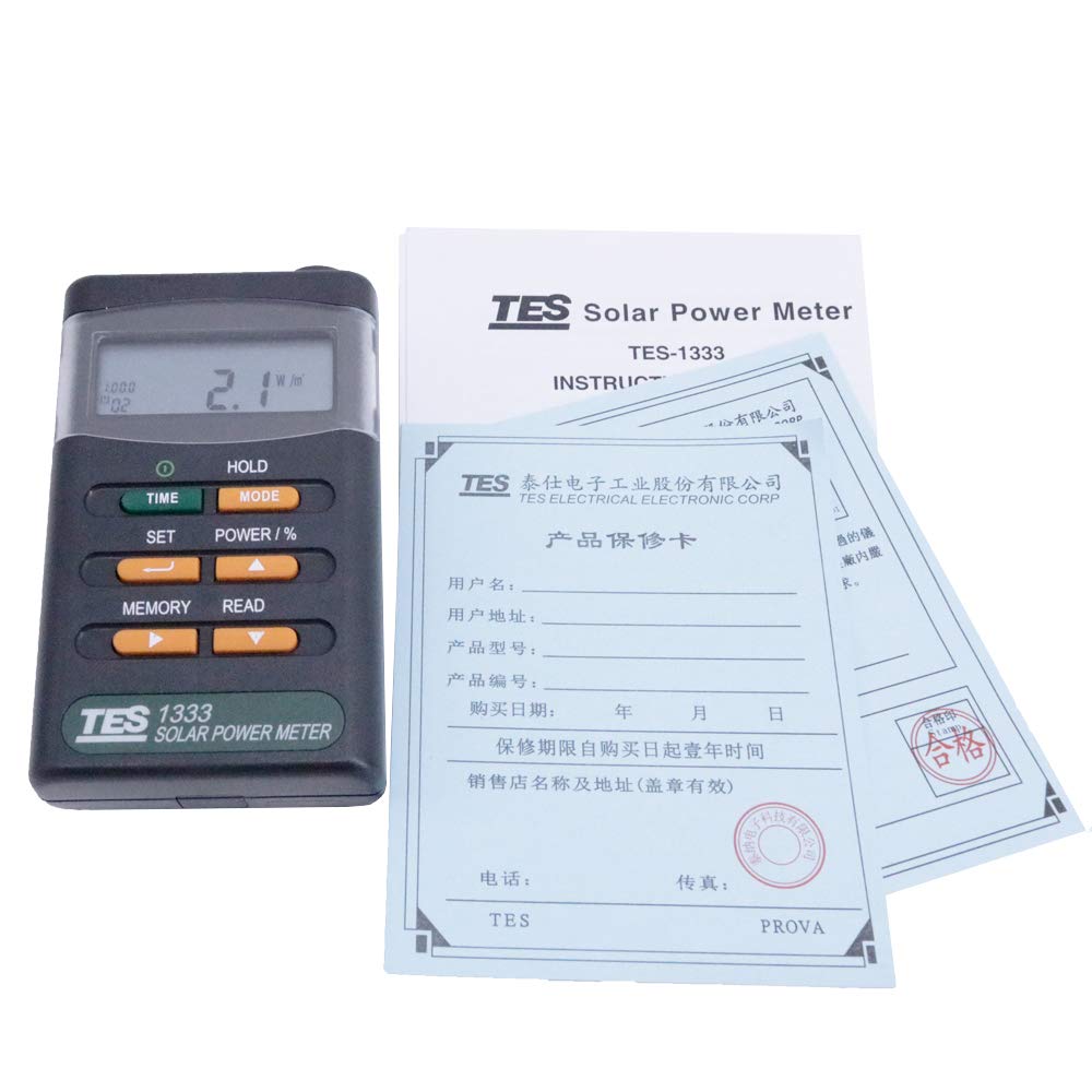 TES-1333 Solar Power Tester Meter Digital Solar Radiation Detector Range 2000W/m2 Spectral Response 400-1100nm