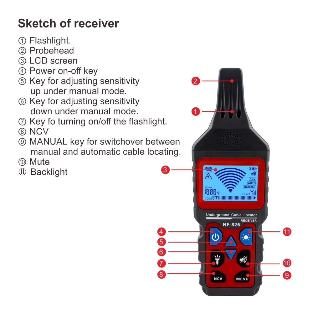 NF-826 Digital Underground Wire Tracker Cable Locator Portable Telephone Cable Finder Electrical Lines Detector