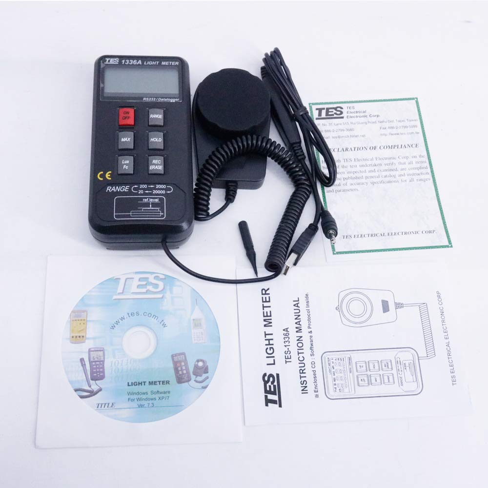Graigar TES-1336A Portable Digital Light Meter TES1336A Digital LUX Meter Datalogging Light Meter Measuring Range 20/200/2000/20000 Lux