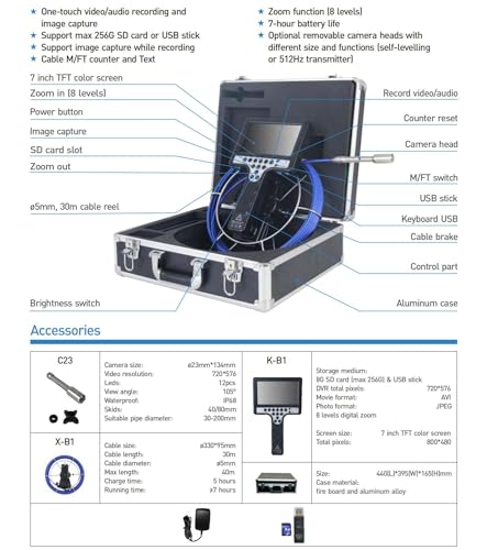 B1-C23 Portable Boiler Chimney Pipe Internal Inspection Machine Industrial Endoscope 23mm Camera Head 720 * 576 7inch Display 30m Cable Length 98 Feets