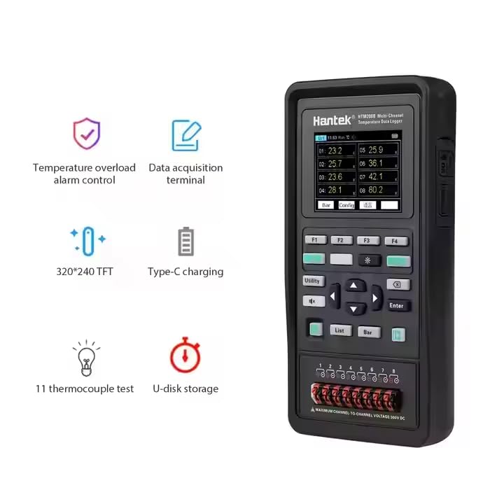 Hantek HTM208B 8-Channel Temperature Data Logger Rechargeable Temperature-Recording Instrument 2.8-inch LCD Digital Tester