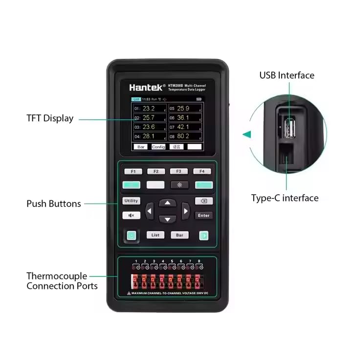 Hantek HTM208B 8-Channel Temperature Data Logger Rechargeable Temperature-Recording Instrument 2.8-inch LCD Digital Tester