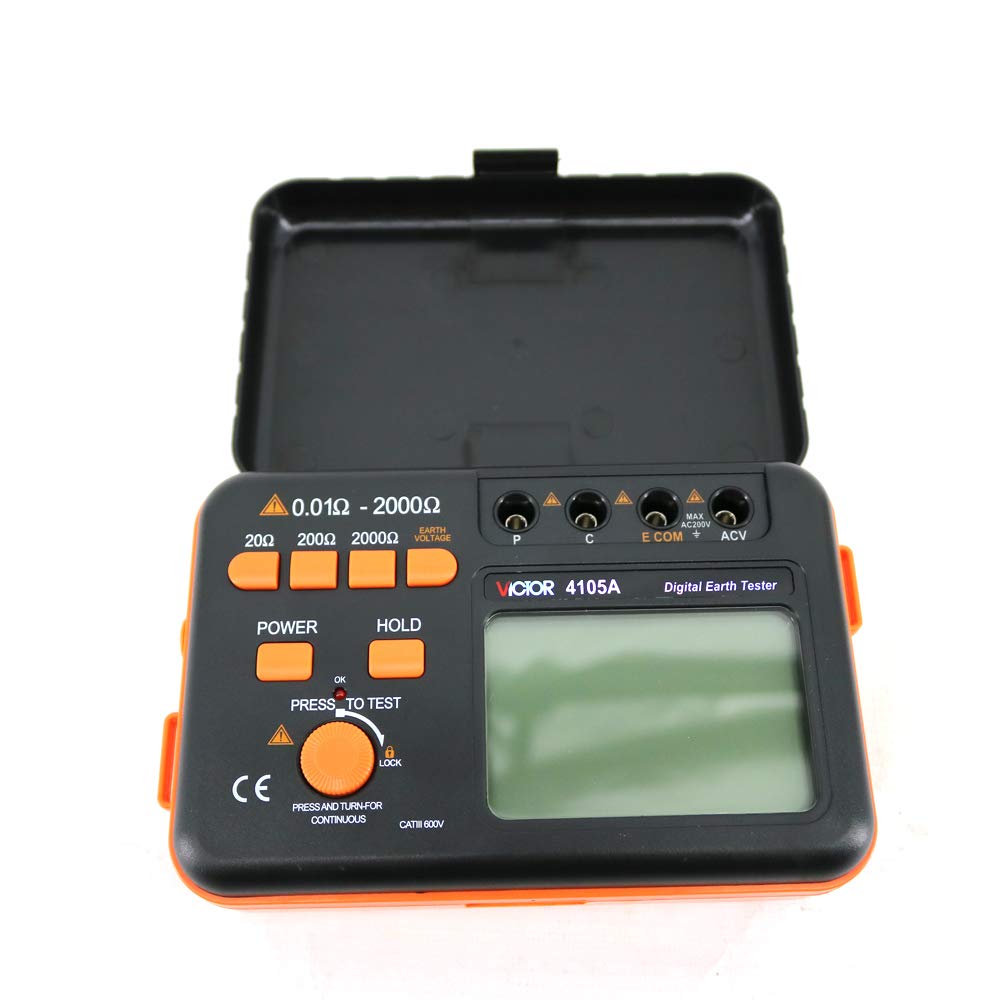 Graigar Victor 4105A Digital LCD Ground Earth Resistance Tester Meter Current 200V Tester VC4105A Digital Earth Ground Resistance Tester Meter Resistivity Tester Earth Electrical Meter 20Ω-2000Ω
