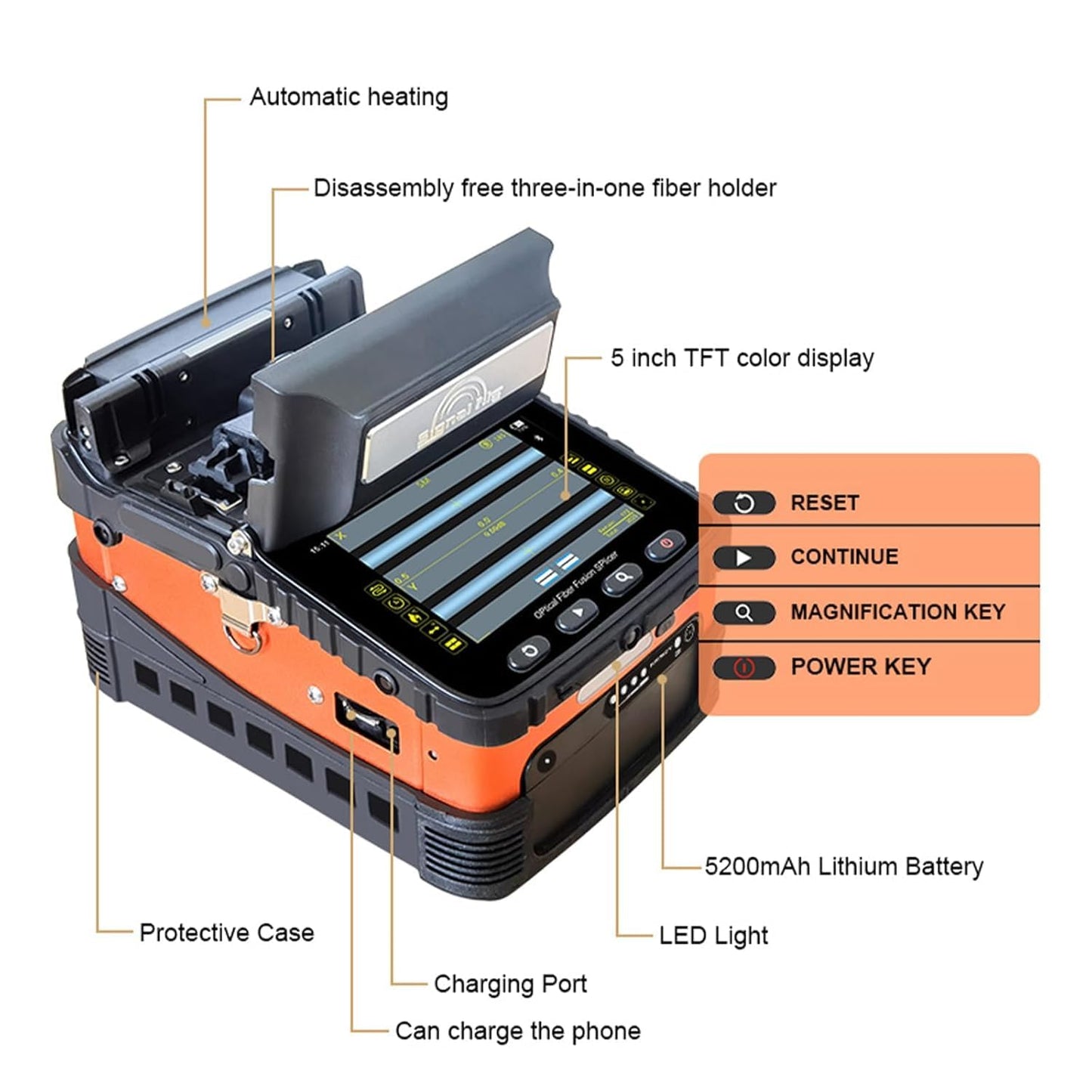 Ai-6A 6 Motor Automatic Intelligent FTTH Fiber Fusion Splicer, 5 Inch LCD Screen SM&MM Fiber Optical Welding Splicing Machine Kit, Splicing 8S Heating 18S Optical Fiber