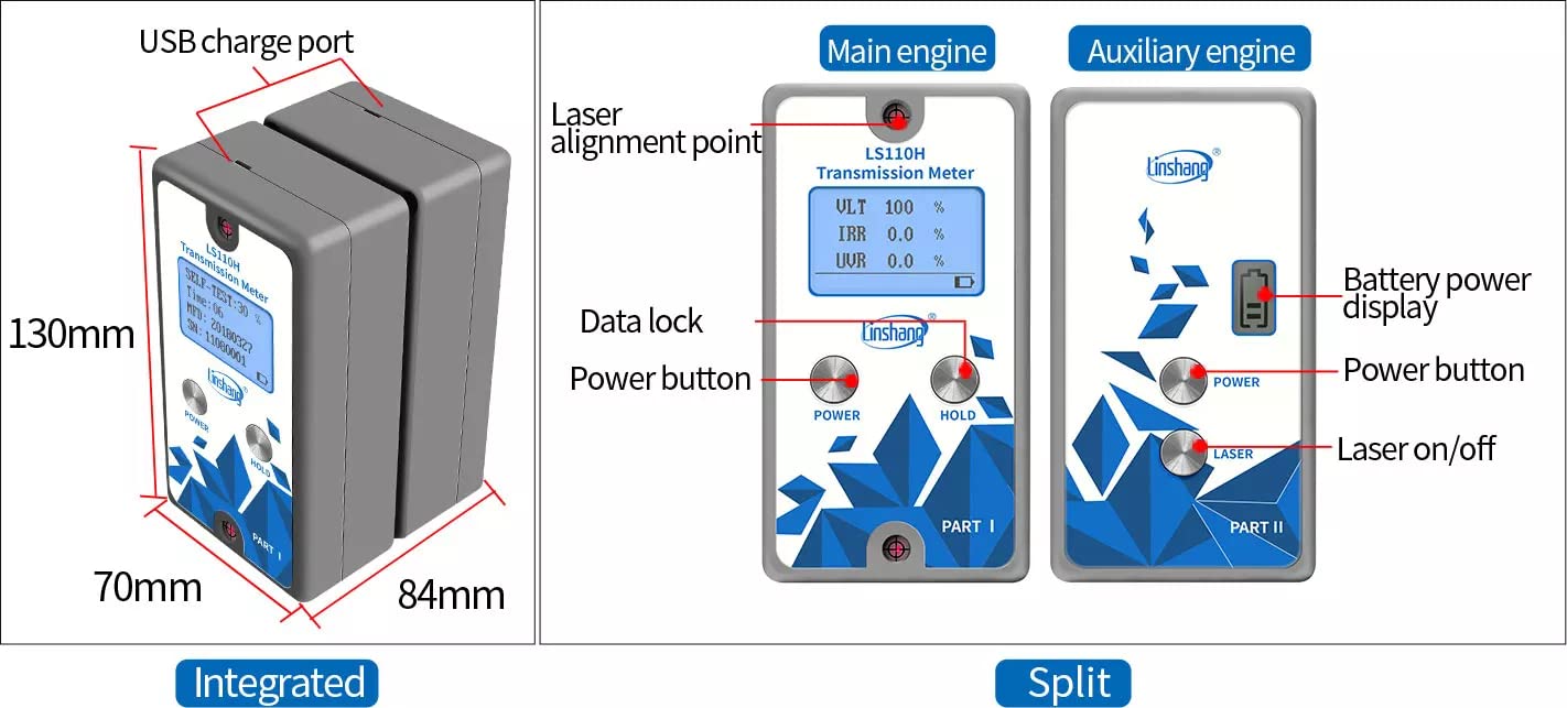LS110H Digital Split Transmission Meter Glass Window Tint Light Solar Films Window Transmittance Tester VLT, IRR, UVR Value