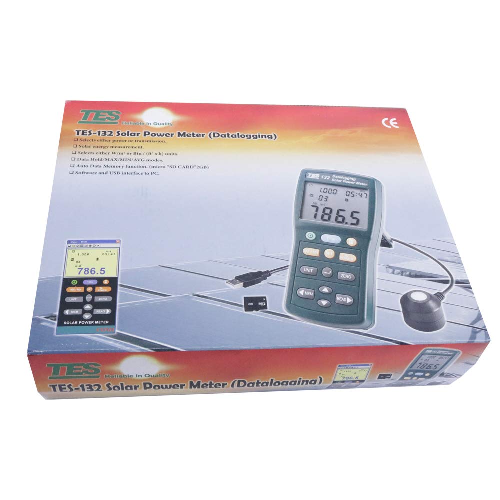 Graigar TES-132 Handheld Solar Power Meter Tester 400-1Knm Range 2000W/m2 & 634Btu/(ft2*h) Data Logger SD Card 2G USB