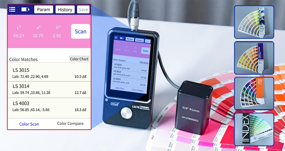 LS178 Portable Spectrophotometer 1mm Small Aperture Split Probe Color Analyzer Touch Screen Color Difference Meter with APP and Software